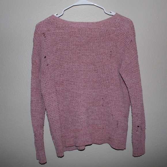American Eagle Soft/Fuzzy Pink Knitted Distressed Crew Neck Sweater - Size XS - Picture 9 of 13
